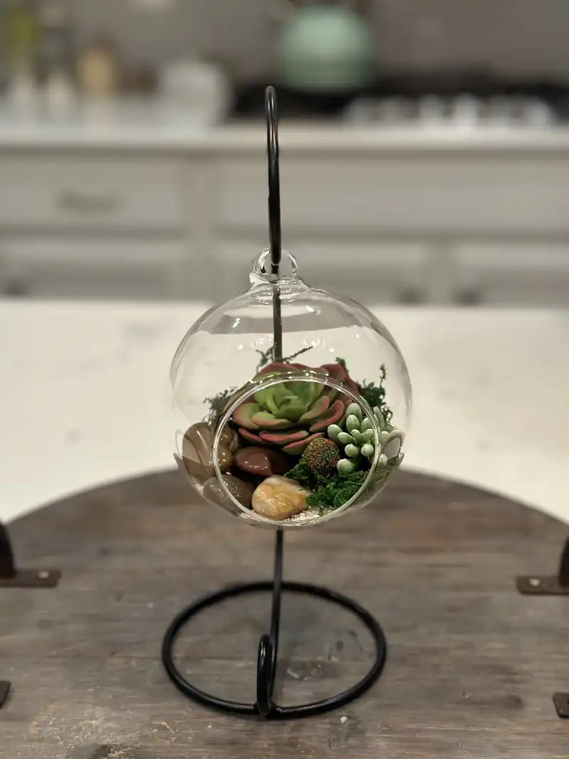 Hanging glass globe terrarium with faux succulents and moss on a black stand