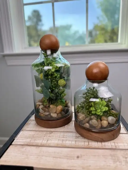Two glass cloche terrariums with faux succulents, moss and river stones
